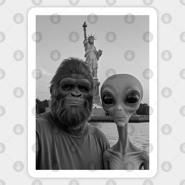 Selfie of Bigfoot and Alien in New York-Statue of Liberty Sticker by Megadorim